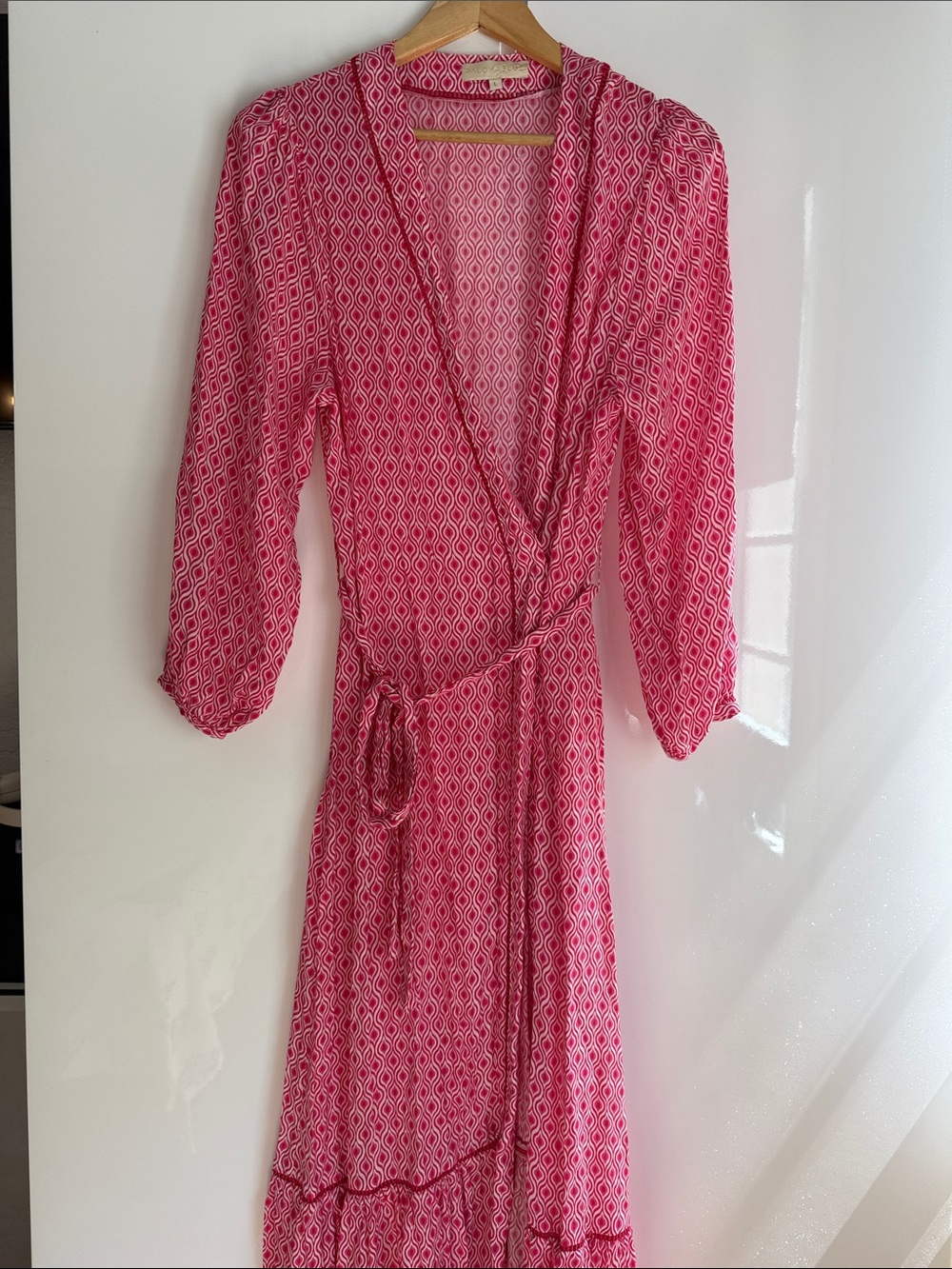 Pink Patterned Wrap Robe with Self-Tie Waist